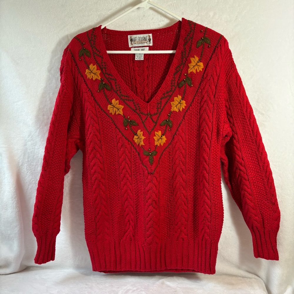 Melbourne Elements Red Cable Hand Knit  V-Neck Women’s Sweater Floral Small